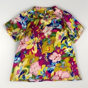 Jodifl‎ Blouse Top Womens Medium Multicolor Floral Frilled Neck Puffed Sleeve